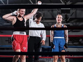 Kelsie 'The Dream' MacPhee (left) defeated Shabista Lalani last week in the main event of the Brantford Black Eye Boxing Club's 'Old School Heroes' card at the Brant Curling Club. Photo courtesy Calvin Boxing