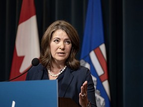 Alberta Premier Danielle Smith speaks at a press conference in McDougall Centre in Calgary on Monday, August 14.