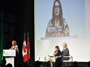 Cora McGuire-Cyrette, chief executive of the Ontario Native Women’s Association and chair of Ontario Aboriginal Housing Services, speaks about approaches to end homelessness on the final day of the Association of Municipalities of Ontario (AMO) conference at RBC Place on Wednesday, Aug. 23, 2023. (Calvi Leon/The London Free Presss)