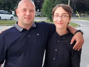 Callum Kearney, right, with his father Chris. The 15-year-old drowned in the Owen Sound harbour while swimming with friends on Tuesday, August 22, 2023.