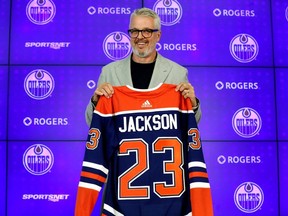 New CEO of Hockey Operations for the Edmonton Oilers Jeff Jackson poses for a photo during a press conference to announce his hiring, at Rogers Place in Edmonton Thursday Aug. 3, 2023.
