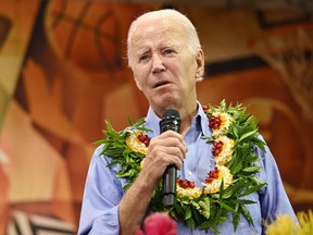 US President Joe Biden speaks during a community engagement event at the Lahaina Civic Center in Lahaina, Hawaii on Aug. 21, 2023.