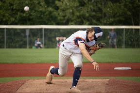 Nathan Flewelling of Team Fort McMurray competes against Team Alberta at the 2023 18U National Baseball Championships at Ross Hennigar Park on Sunday, August 20, 2023. Vincent McDermott/Fort McMurray Today/Postmedia Network