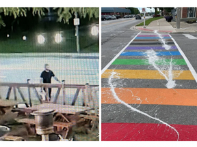 The rainbow crosswalk on Bridge Street West in Tillsonburg was vandalized for a second time in mere weeks on Aug. 11, 2023 (right); Ontario Provincial Police published an image of a person of interest.