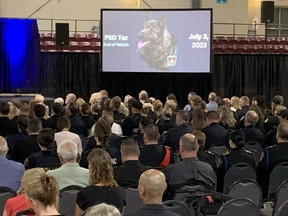 Hundreds of people attend a memorial service at the Reeves Community Complex in Woodstock for Woodstock police service dog Taz on Tuesday, Aug. 1, 2023. Taz died July 3 in the line of duty after ingesting drugs during a search. (Derek Ruttan/The London Free Press)