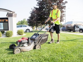 Konnor Godau works at his job as a landscaper for Kimmick Landscaping in London on Friday August 4, 2023. (Derek Ruttan/The London Free Press)