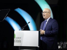 Minister of Municipal Affairs and Housing Steve Clark speaks at the Association of Municipalities of Ontario conference at RBC Place in London on Tuesday, Aug. 22, 2023. (Derek Ruttan/The London Free Press)