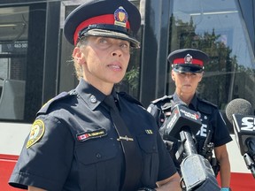 Toronto Police duty Insp. Michelle Olszevski speaks to the media at Pape Ave. on July 7, 2023.