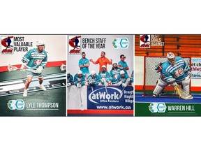 The Six Nations Chiefs enter the Major Series Lacrosse with award winners (left to right) Lyle Thompson (most valuable player), top bench staff, and Warren Hill (lowest goals against average). Courtesy Six Nations Chiefs/Darryl Smart