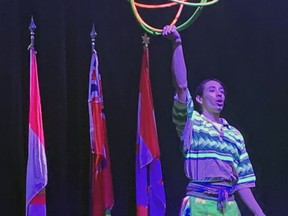 Ascension Harjo of Six Nations acknowledges the audience following his hoop dance performance at the opening of the Ontario 55+ Summer Games.  The opening ceremony of the games, co-hosted by Brantford and Brant County, was held Wednesday (Aug. 9), at the Wayne Gretzky Sports Centre.  The games attracted more than 1,100 athletes and participants from across the province competing in a number of different events.  VINCENT BALL/BRANTFORD EXPOSITOR
