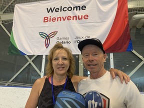 Sue and Wayne Sawdon of Brampton were at the Wayne Gretzky Sports Center competing in the Ontario 55+ Summer Games pickleball tournament on Friday.  They were among the more than 1,100 athletes, coaches and supporters to participate in the games co-hosted by Brantford and Brant County.  VINCENT BALL/BRANTFORD EXPOSITOR
