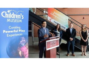 London Liberal MP Peter Fragiskatos announced $2 million in funding for the Children's Museum, which plans to move to 100 Kellogg Lane.  Next to Fragiskatos is Kate Ledgley, the museum's director, Mayor Josh Morgan and museum board chair Emily Schinbein.  Photo taken on Thursday August 17, 2023. (Mike Hensen/The London Free Press)
