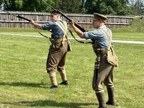 Two members of Dominion of Canada Reenactment Corps participate in an event at Fort George in June 2023. Members of the Dominion of Canada Reenactment Corps are scheduled to be at the Lambton Heritage Museum Sept. 9 for an event, Experience the First World War, running from 11 a.m. to 4 p.m.