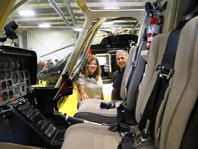 Joe Natale, of Skyline Helicopter Technologies, provides a tour of the facilities for Sudbury MP Viviane Lapointe in Lively, Ont. on Thursday August 10, 2023. Lapointe announced FedNor funding of $500,000 for Skyline Helicopter Technologies.