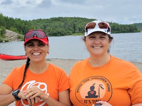 Ghislaine Goudreau, left, and Helen Bobiwash, are paddling three events at the Masters Indigenous Games this weekend on Kitche Zibi, the Great River, also known as the Ottawa River. Laura Young photo