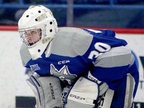 Sudbury Wolves goaltender Nate Krawchuk prepares for OHL action against the Niagara IceDogs at Sudbury Community Arena in Sudbury, Ontario on Saturday, March 4, 2023.