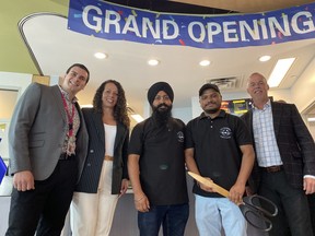 The FlySudbury Café is now officially open as a partner at Sudbury’s airport. Celebrating the return of an essential passenger service are, from the left, Christopher Pollesel, Giovanna Verrilli, Ranjodh Singh, Lakvir Singh Mann, and Dave Paquette. The Singhs are the operators and owners of the café.