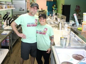 Kevin Mckay, left, and Jessie Pelland opened Not Only Ice Cream in Val Caron, Ont. on May 1, 2023