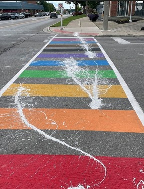 Tillsonburg's rainbow crosswalk at the corner of Bridge Street West and Broadway was vandalized on the night of August 11. Police are investigating.  OPP PHOTO
