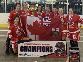 Brantford residents Becca King (back row, third from left), Jocelyne Larocque (back row, fifth from left) and Amy Coates (back row, far right) helped Canada earn gold in the women's master's division (aged 35 and older) of the World Ball Hockey Championship.