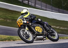 Motorcycle rider Holly Varey on a Velocette 500 single Alan Taylor Special. Photo by Richard Coburn