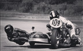 Motorcycle rider Holly Varey co-piloting a 650CC Triumph Bonneville powered sidecar with John Wilson.