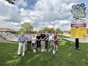 Members of the St. Marys Rotary Club and the Rotary All Wheels Park steering committee celebrating the ground breaking for construction of new improvements at the local skatepark Sept. 11. Pictured from left are Rotary Club past president and president John McGarry and Charlie Hammond, steering committee members Claire Bolton, Quin Bolton, Jean Rowcliffe, Sully Bolton, Heather Douglas, and Julie Docker-Johnsonm, and committee chair and St. Marys deputy mayor Fern Pridham.