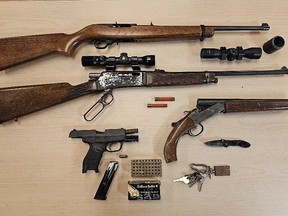 Firearms and weapons seized by Kingston Police during a traffic stop in Kingston, Ont. on Saturday, September 16, 2023. (Supplied photo)
