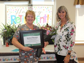 Barb Sharman, left, on her last day of work at Carveth Care Centre on Sept. 13, with her assistant director of Care, Trish Hornbeck. Supplied photo