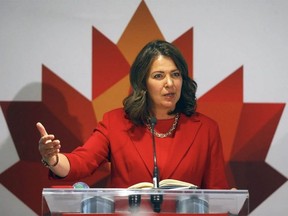 Premier Danielle Smith speaks to the media during the 24th World Petroleum Congress in Calgary on Monday, September 18, 2023., DARREN MAKOWICHUK/Postmedia