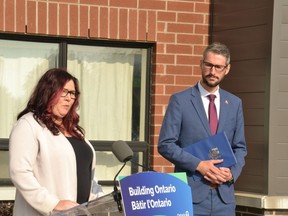 Stratford social services director Kim McElroy and Perth-Wellington MPP Matthew Rae spoke outside the city's Britannia Street Affordable Housing project Friday morning, where Rae announced $1 million in provincial funding for six of the 27 apartments being built in the project's second phase.