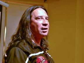 Christin Dennis, a local Sixties Scoop survivor from Aamjiwnaang (Chippewas of Sarnia First Nation) who also goes by Gzhiiquot or Fast Moving Cloud, shared his story of overcoming hardship and reclaiming his culture to become a celebrated artist, teacher and sweat-lodge conductor during an event at the Falstaff Family Center Wednesday night.