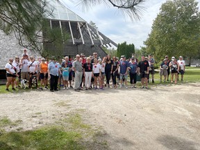 Participants in the inaugural Sudbury Multiple Myeloma March pose for a photo at Fielding Park in 2022.