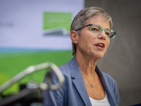 Selina Robinson, minister of Post-Secondary Education and Future Skilld, speaks at an announcement in Vancouver, B.C., Thursday, July 20, 2023.