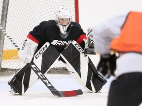 Goalie Hayden Brown faces a shooter during the Dresden Jr. Kings Academy of Excellence at the Ken Houston Memorial Agricultural Centre in Dresden, Ont., on Thursday, Aug. 31, 2023. (Mark Malone/Chatham Daily News)