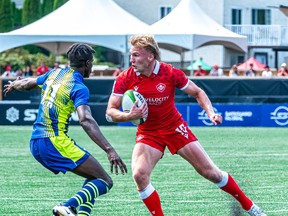 Brantford's Ethan Hager (red jersey) recently played for Canada at the Rugby Americas North (RAN) Sevens Olympic qualifier. Submitted