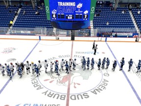 Sudbury Wolves players shake hands following the annual Blue and White Game at Sudbury Community Arena on Friday.