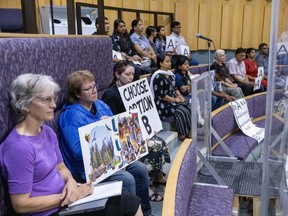 People in the public gallery of city council chambers at London city hall hold signs for and against the use of fireworks during a city council debate on Tuesday, Aug. 29, 2023. (Derek Ruttan/The London Free Press)