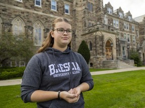 Mary Somerville, 19, a third-year student at Brescia University College and a member of its student council, said she and her friends were shocked by the announcement Thursday the school will wind down operations in May 2024 and be integrated into Western University.  Photograph taken on Thursday, Sept. 21, 2023. (Mike Hensen/The London Free Press)