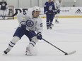 Strathroy native Easton Cowan skates down the ice during drills at a Toronto Maple Leafs development camp on Friday July 7, 2023. Jack Boland/Toronto Sun