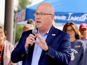 Leeds-Grenville-Thousand Islands and Rideau Lakes MPP Steve Clark addresses the crowd at the opening of the Alaine Chartrand Community Centre on Saturday morning, Sept. 2, 2023 in Prescott, Ont. (RONALD ZAJAC/The Recorder and Times)