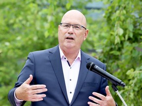 Former Ontario municipal affairs and housing minister Steve Clark, the MPP for Leeds-Grenville-Thousand Islands and Rideau Lakes, speaks at a media event at Brockville General Hospital on Thursday, Sept. 7, 2023 in Brockville, Ont. (RONALD ZAJAC/The Recorder and Times)