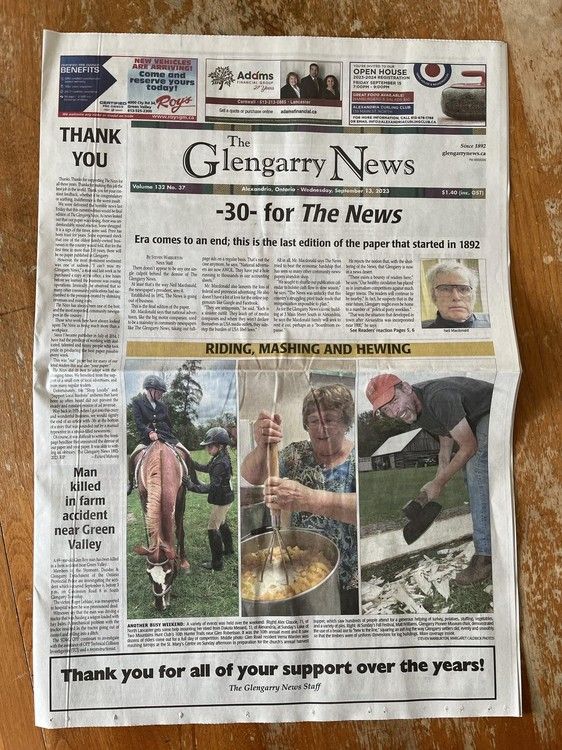 The Glengarry News in Alexandria publishes last edition on Wednesday Cornwall StandardFreeholder