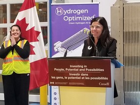 Filomena Tassi, minister responsible for the Federal Economic Development Agency for Southern Ontario, or FedDev Ontario, announces a $3.5 million loan to Hydrogen Optimized in Owen Sound Sept. 7, 2023. (Scott Dunn/TheSun Times/Postmedia Network)