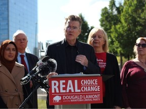 Manitoba Liberal Party Leader Dougald Lamont at a campaign announcement in Central Park in downtown Winnipeg on Tuesday, Sept. 12, 2023.