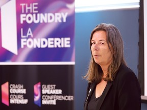 Gisele Roberts, director of research and innovation at Laurentian University, makes a point at an event celebrating the fifth anniversary of the Jim Fielding Innovation and Commercialization Space at Laurentian in Sudbury, Ont.
