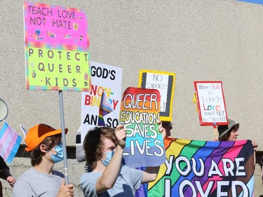 Participants supporting the LGBTQ community take part in a counter-protest against the 1 Million March 4 Children at Tom Davies Square in Sudbury, Ont. on Wednesday September 20, 2023. John Lappa/Sudbury Star/Postmedia Network