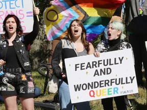 Participants supporting the LGBTQ community take part in a counter-protest against the 1 Million March 4 Children at Tom Davies Square in Sudbury, Ont. on Wednesday September 20, 2023