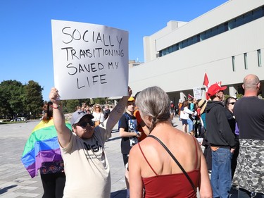 Participants supporting the LGBTQ community take part in a counter-protest against the 1 Million March 4 Children at Tom Davies Square in Sudbury, Ont. on Wednesday September 20, 2023. John Lappa/Sudbury Star/Postmedia Network