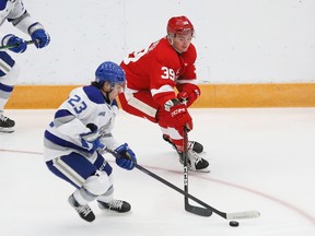 Devin Mauro, left, of the Sudbury Wolves, and Caleb Van De Ven, of the Soo Greyhounds, battle for the puck during OHL pre-season action at the Sudbury Community Arena in Sudbury, Ont. on Wednesday September 20, 2023. John Lappa/Sudbury Star/Postmedia Network